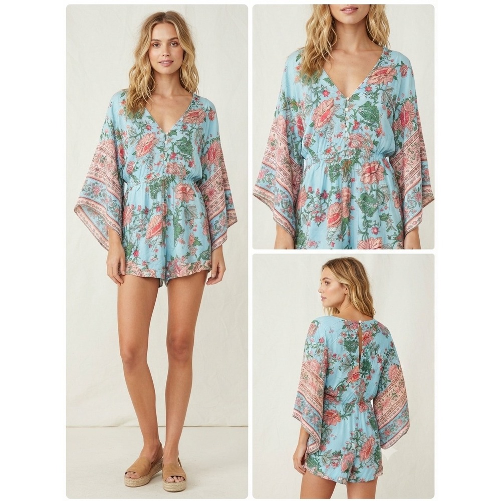 Paper Heart Romper Womens 6 Blue Floral Boho Kimono Sleeve Festival Summer